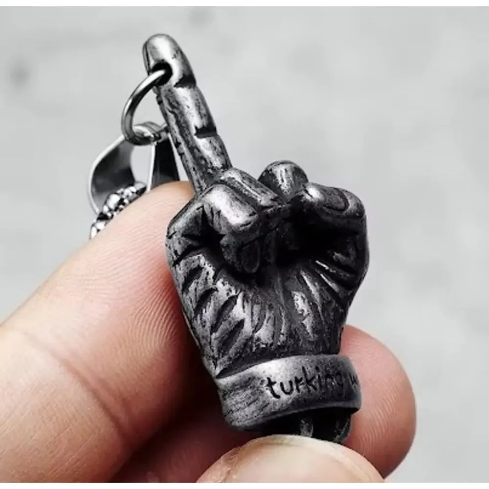 Metal Skull Middle Finger Necklace 60cm Chain Punk Rock Statement Jewelry